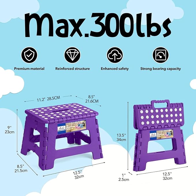ACKO 9 Inch Folding Step Stool, Non-Slip Foldable Stools for Kids, Purple | Heavy Duty Collapsible Foot Stool, Lightweight, Holds 300lb for Toddler/Adults Kitchen Bathroom Bedroom Outdoor, with Handle