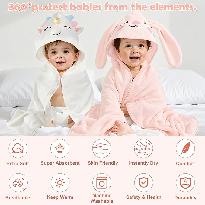 12 PCS Baby Bath Towels Set, Baby Towels for Newborn Bath Essentials Gifts | Animal Hooded, Thick Soft Absorbent, 4 Baby Towels & 8 Washcloths for Girl Boy Toddlers (Elephant, Unicorn, Duck, Rabbit)