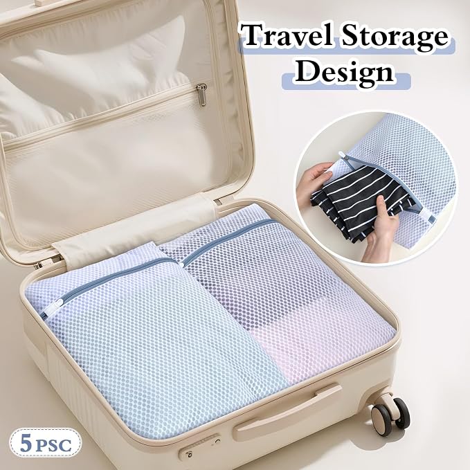Heavy-Duty Honeycomb Mesh Laundry Bags, 5-Pack (3×12x16" + 2×16x20"), Delicates Protector for Lingerie & Baby Clothes