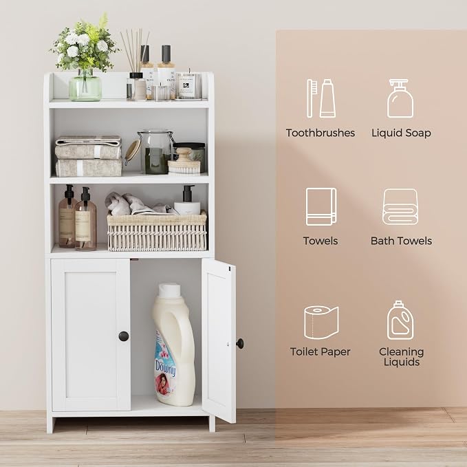 Homhedy Small Bathroom Storage Cabinet, Toilet Paper Storage Cabinet | Bathroom Floor Cabinet with Doors and Shelves, Bathroom Organizers for Small Spaces, 7.9" D x 14.6" W x 31" H, White