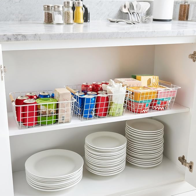 LeleCAT White Wire Baskets for Organizing with Handles，Pantry Organizers and Storage For Kitchen, Household Snack Basket for Cabinets, Closets, Bedrooms,food - Set of 4(White)