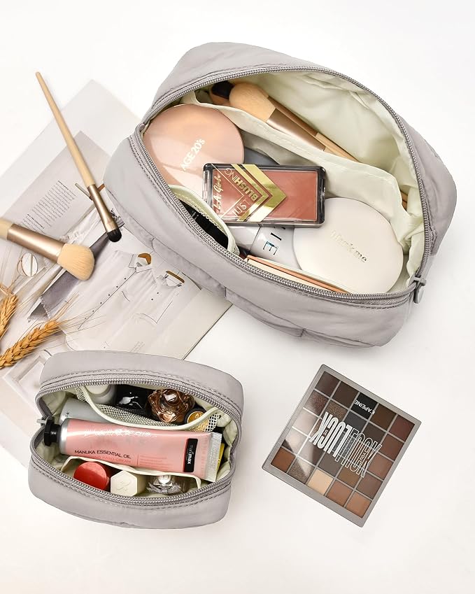 2 Pcs Makeup Bag Travel Toiletry Bag for Women Puffy Padded Cosmetic Pouch Purse Wide-open Makeup Organizer Case Travel Essentials