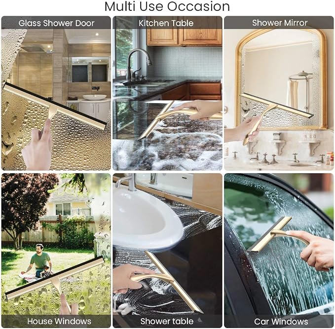 Shower Squeegee with Self Adhesive Hook, 14 Inches Stainless Steel Squeegee Cleaner, All-Purpose Window Scraper for Bathroom Doors, Mirror, Windows and Car Glass, Light Gold