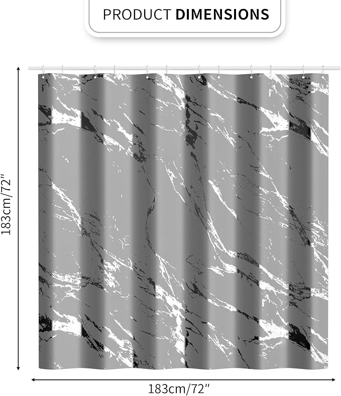 Gray Marble Shower Curtain Set with Silver Metal Hooks, Fabric Shower Curtain for Bathroom, Modern Luxury Bathroom Curtain, Water-Resistant Polyester Bath Curtain, 72 x 72 Inches