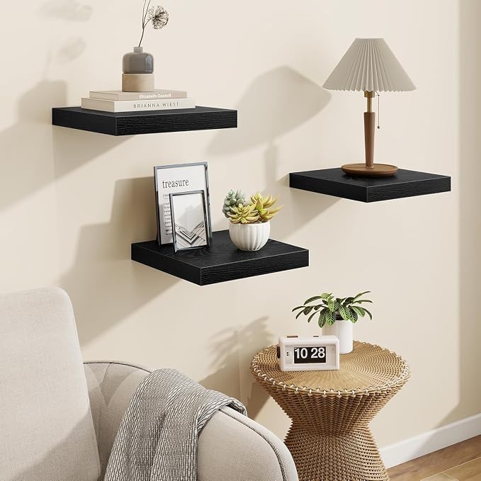 Vivelove Square Floating Shelves 12x12” Set of 2, Black | Easy Install with Hardware, Invisible Brackets, No Sagging, Living Room Display Shelf, 2" Thick，Engineered Wood