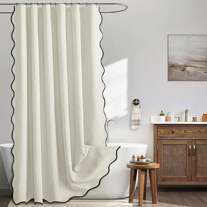 MIULEE Birch Scalloped Linen Shower Curtain 72x72 Inches | Linen Textured, Waterproof, Washable, 12 Metal Hooks, Heavy Duty Cloth, Black Border, Shower Curtain for Bathroom Bathtub