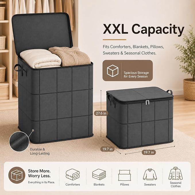 180L Spacious Moving Storage Bin - Large Capacity Zippered Fabric Organizer for Bedding & Clothes, Foldable Blanket Bag with Reinforced Handles for Quilts, Comforters & Moving Day，1：L