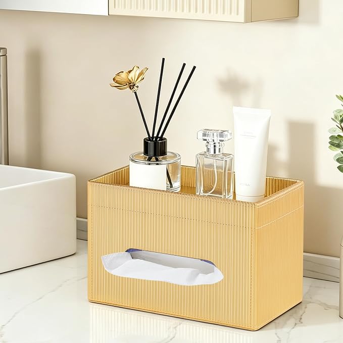 Rectangular Tissue Box Cover PU Leather Tissue Box Holder Rectangle | Magnetic Closure, Storage Tray, For All Full-Size Rectangular Tissue Box, For Bathroom NightStands Office Desk Decorative