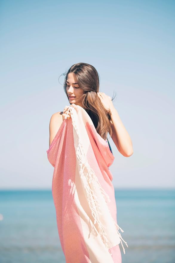 Beach Towel, 100% Cotton, 71x39 in, Herringbone Coral