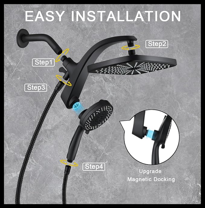 12" High Pressue Rain Shower Head with Handheld, 9 Sprays Hand Showerhead | Shower Heads with Handheld Spray Combo, Dual Head, Built-in Magnetic Docking, Power Jets, 59" Shower Hose, Black 1.8GPM