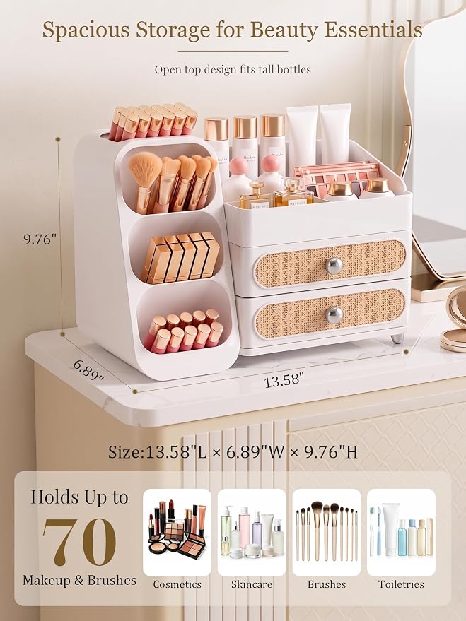 Booklov Large Makeup Organizer for Vanity Countertop, White | Plastic Cosmetic Display Case with Drawers, Beauty Brush Holder for Bathroom Counter, Skin Care Perfumes Storage