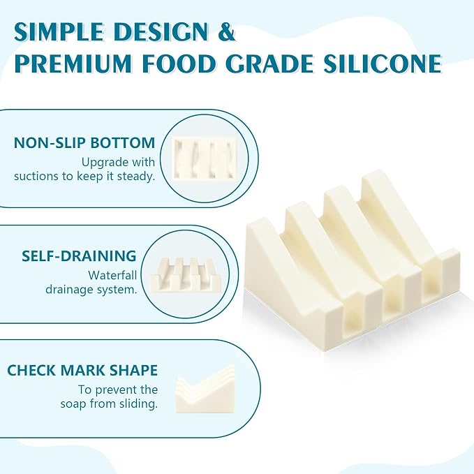 Self Draining Soap Dish Holder,Silicone Soap Dish,for Bathroom,Kitchen, Sponges，Can Extend Soap Life，Keep Soap Bars Dry and Easy Cleaning (N-Cream White,3-Pack)