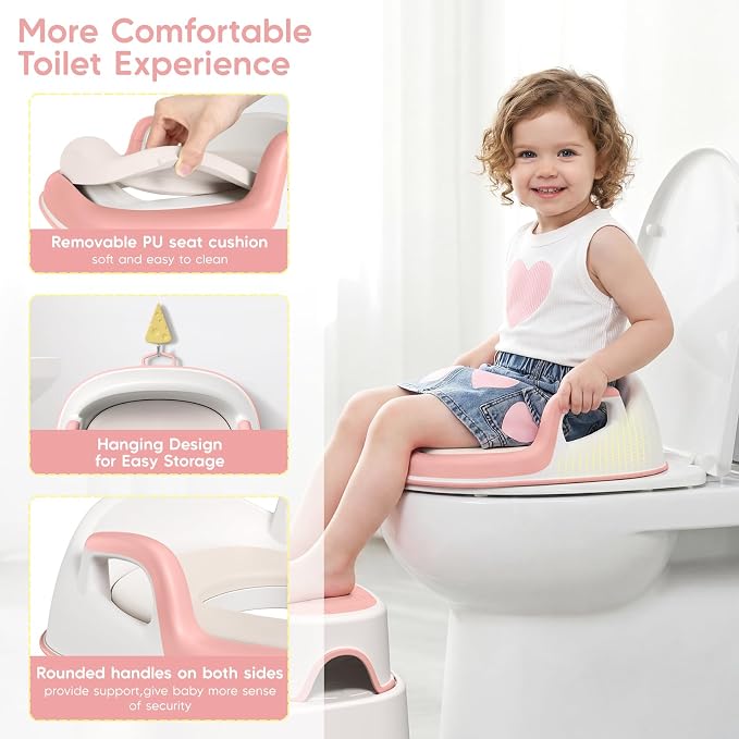 Maliton Potty Training Seat 2-in-1 with Step Stool & Anti-Slip Pink | ﻿ Potty Seat + Separate Step Stool, Adjustable Fits More Toilets, Anti-Slip, Sturdy, Splash Guard, Easy clean，Boys & Girls.