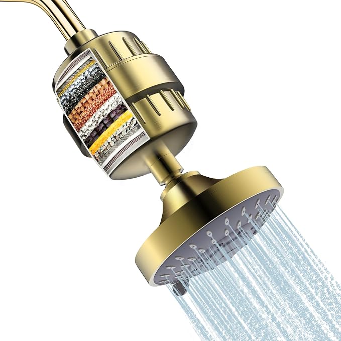 FEELSO Shower Head with Shower Filter, Filtered Shower Head for Hard Water | High Pressure, Anti-clog Nozzles, 5 Spray Showerhead, 15 Stage Water Softener Filters, Remove Chlorine and Harmful Substances