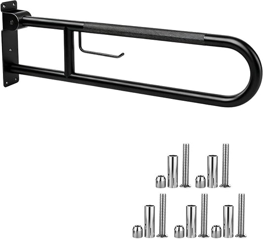 30.3 Inch Toilet Grab Bar, HUAS Black Anti Slip Bathroom Toilet Safety Rails, U Shaped Flip-Up Handicap Grab Bars w/Paper Holder, Stainless Steel Support Handrail for Elderly Disabled Senior