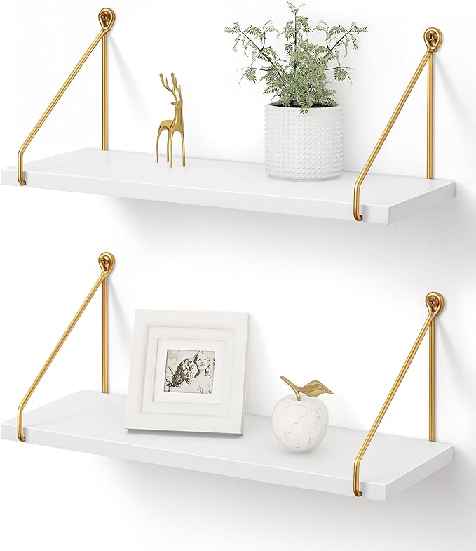Afuly Floating Shelves for Wall, White and Gold Shelf, Display Wall Shelves | Hanging Bookshelf with Bracket, Solid Wood and Metal, Plants Display, for Bathroom, Kitchen, Living Room, Bedroom, Home Decor