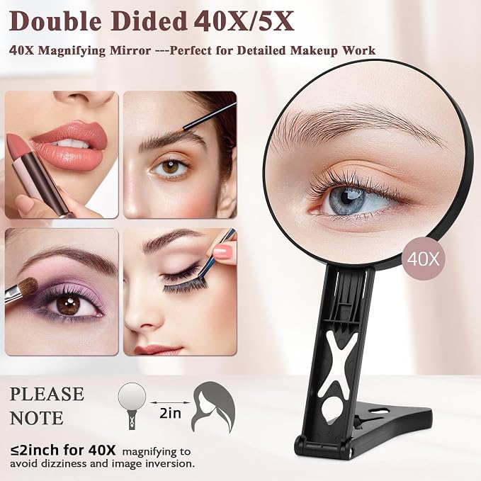 Magnifying Mirror 40X/5X Double Sided Hand Mirror, Precision Makeup at 40X Magnification & Overall View at 5X，Travel Handheld Magnified Makeup Mirror with Handle & Table Stand, Vanity Cosmetic Mirror