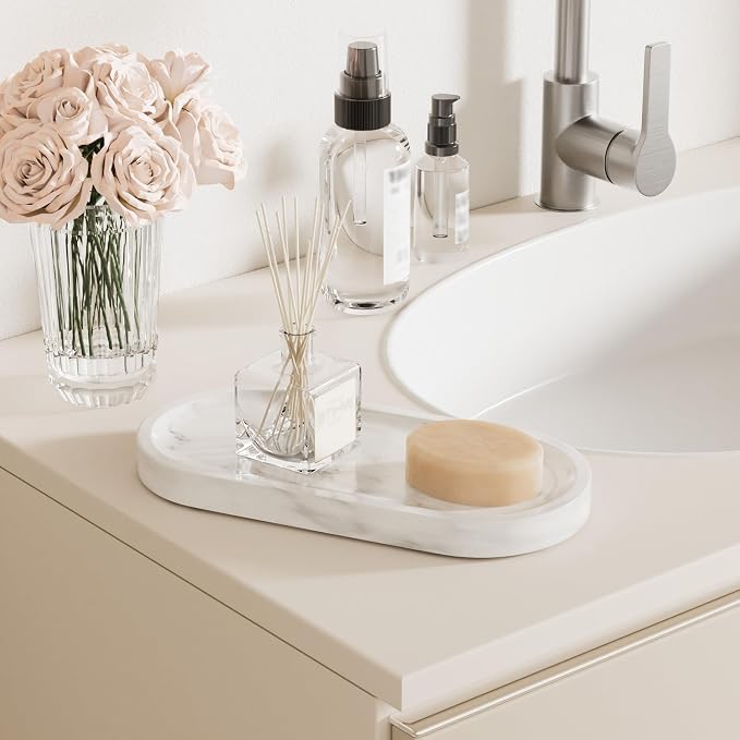 Decorative Trays with Natural Patterns,9.8x4.7x0.7in,Carrara White | Pure Marble Vanity Tray with Anti Slip Foot Pads, Polishing Pallet,Elliptical Stone Bathroom Organizer,Platter for jewelry