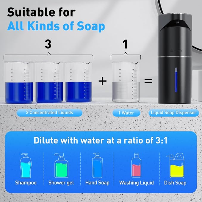 Fantictas Automatic Liquid Soap Dispenser, 3 Levels for Kitchen and Bath | For Hand and Dish Soap, Responsive Sensor, Type-C Charging, 90-day Use, Wall Mountable, IPX5 Waterproof, 350ML, Black Gel
