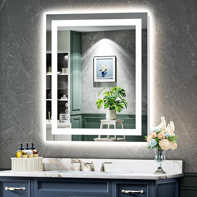 28x32 Inch LED Bathroom Mirror with Lights Front and Backlit Lighted Vanity Mirror for Bathroom Wall with 3 Colors Dimmable Anti-Fog Memory Shatter-Proof IP54 Waterproof Horizontal/Vertical