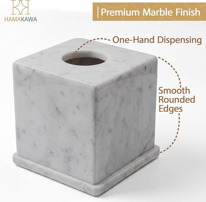 Natural Marble Tissue Box Cover, Carrara White Tissue Organizer 6 x 6 x 5.7 inch, Heavy Stone Decorative Box, Square Tissue Box Holder for Home Decor, Kitchen, Bathroom, Bedroom