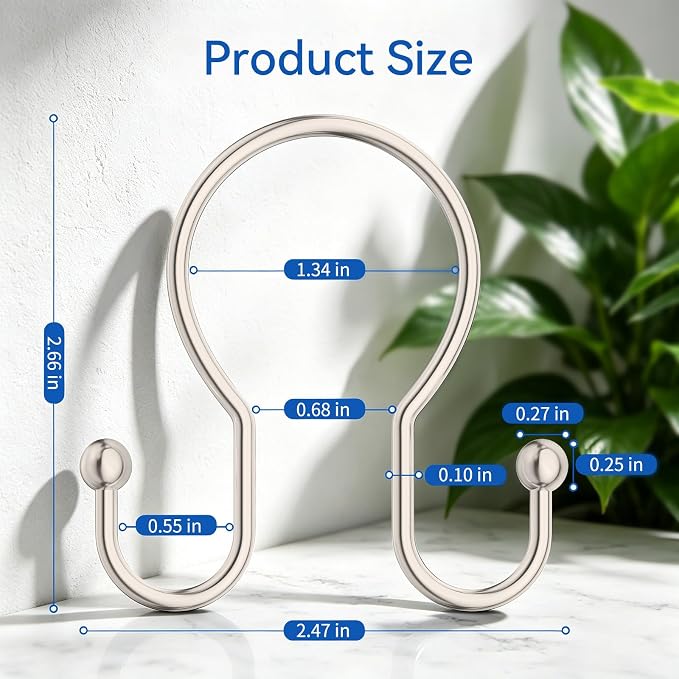 OEH Shower Curtain Hooks, 12 Pcs Minimalist Shower Curtain Rings, Metal Shower Curtain Hangers, Double Hook Shower Curtain Hooks Rust Proof, Glide Smoothly Shower Hooks for Shower Curtain Rod, Nickel