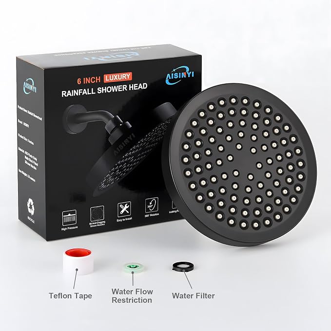 6" High Pressure Rain Shower Head, Luxury Matte Black Finish | 6 Inch Fixed Bathroom Showerhead, Adjustable Replacement, 90 Anti-Clog Nozzles, Removable Restrictor, Tool-Free Easy Install
