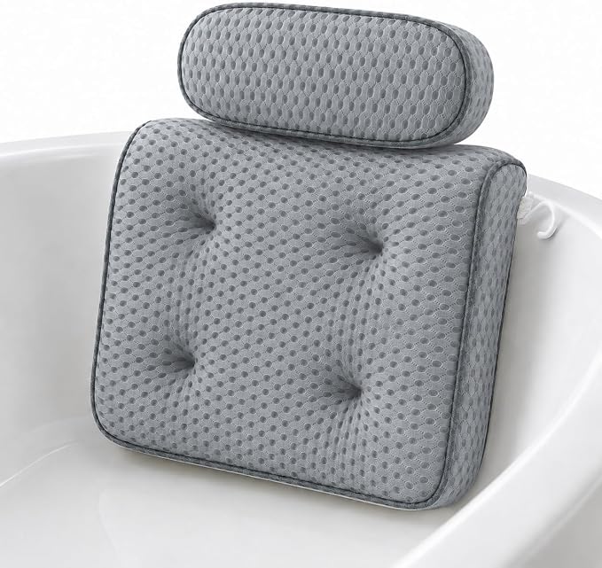 Zyrah Bath Pillows for Tub, Spa Bath Pillow with 72 Micro-Suction Cup Array, 3D Air Mesh Quick Dry, Machine Washable, Ergonomic Neck and Head Cushion for Bathtub - Gray