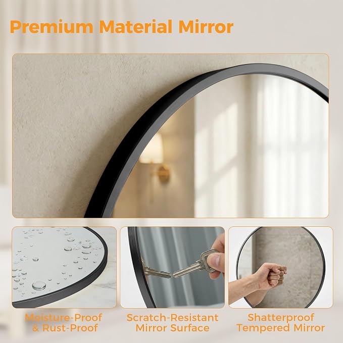 Sweetcrispy Round Bathroom Mirror for Over Sink, 36 Inch Wall Vanity Mirror | Matte Metal Frame Over Sink, Entryway Bedroom Decor, Hang Mounted Frame, Black
