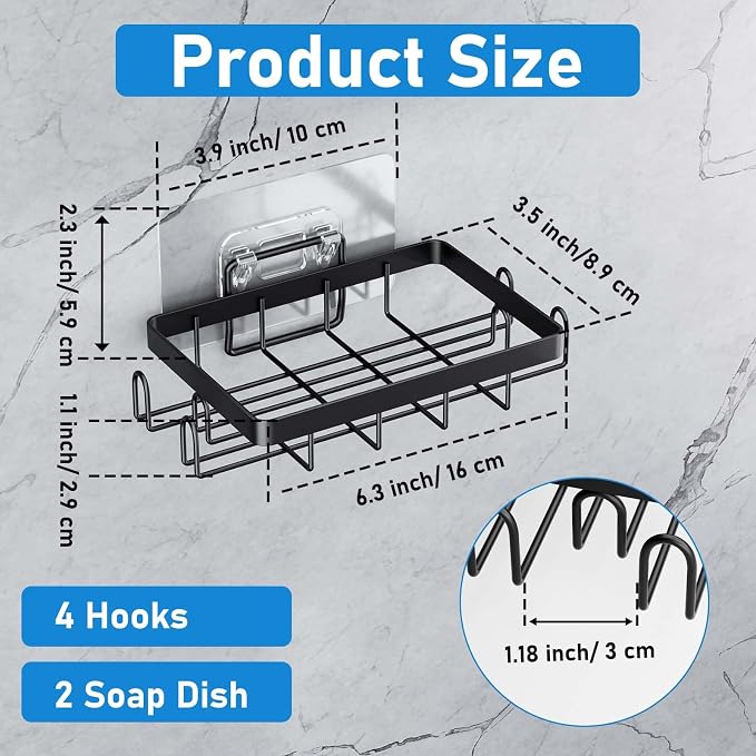 2 Pack Soap Holder with 4 Hooks for Shower, No-Drilling Soap Dish | Waterproof Stainless Steel Bar Soap for Bathroom Bathtub Kitchen Sink - Black