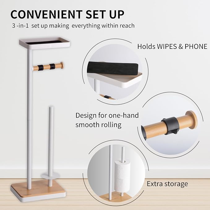 Clasin Home Toilet Paper Holder Stand, Free Standing Toilet Paper Holder with Storage and Top Shelf, White Toilet Paper Stand Weighted Base with Bamboo Design for Bathroom