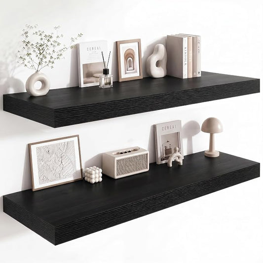 12 Deep Floating Shelves for wall,48 Inch Extra Long Large Wall Shelves Set of 2,2 Inch Thick Heavy Duty Floating Wall Mounted Shelves,Floating Shelf for Fireplace Mantel,Black