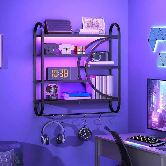 HOOBRO Gaming Floating Shelves with LED Lights, 28.9" LED Wall Mounted Shelf, 5-Tier Display Rack for Wall Storage, Floating Rack with Hanging Rod and 4 S-Hooks, for Game Room, Black BB50DBJ01
