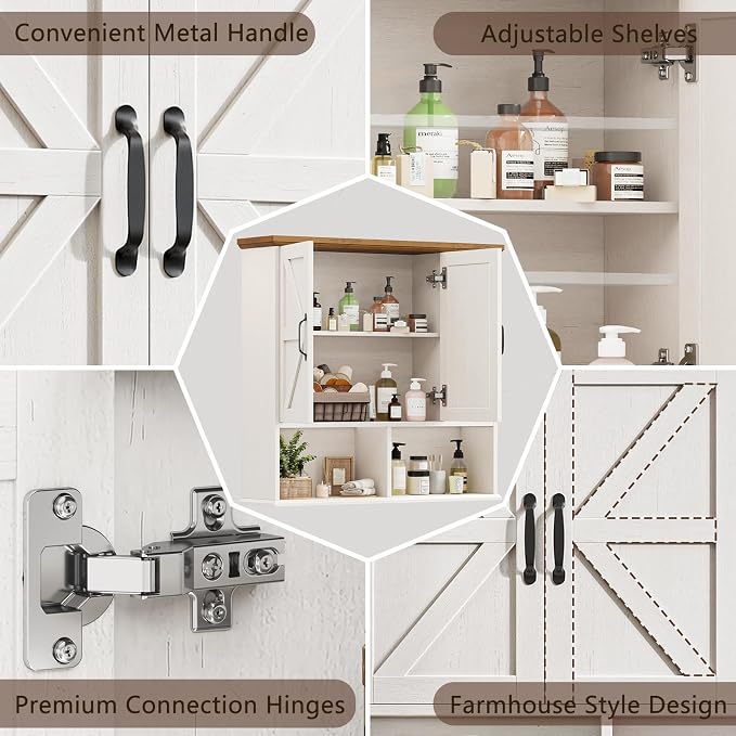 Bathroom Wall Cabinet, Farmhouse Medicine Cabinet with Doors, White & Brown | Over The Toilet Storage Cabinet with Double Barn Door and Adjustable Wood Shelf for Wall Mounted for Bathroom Laundry Kitchen