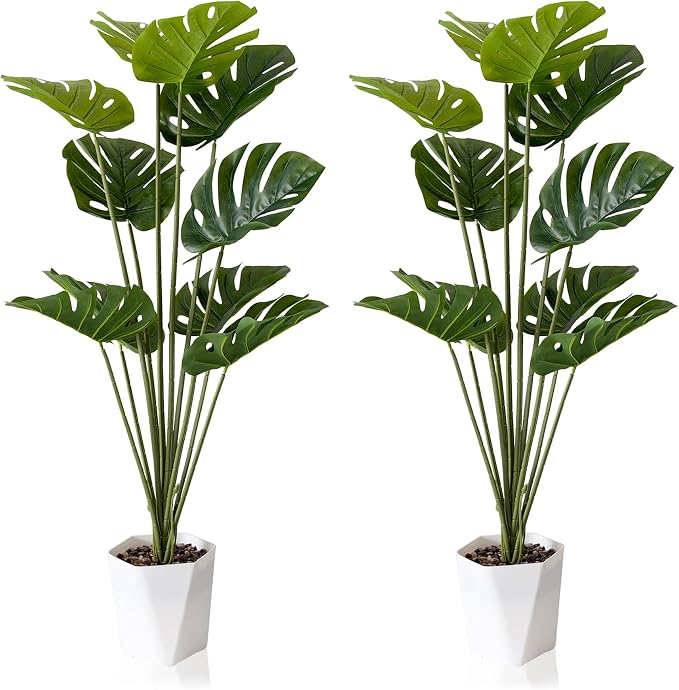 SAJANDAS Set of 2 Artificial Monstera Deliciosa Plants in Pots, Fake Tropical Palm Tree with Greenery Leaves Stems, 44 Inch Faux Swiss Cheese Floor Plants Indoor for Store, Office, Home Decor