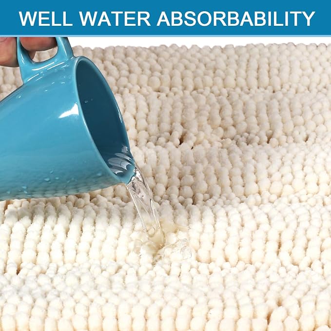 H.VERSAILTEX Bath Mats for Bathroom Non Slip Extra Thick Chenille Striped Bath Rug 24" x 36" Absorbent Non Skid Fluffy Soft Shaggy Rugs Washable Dry Fast Plush Mats for Indoor, Bath Room, Tub - Ivory