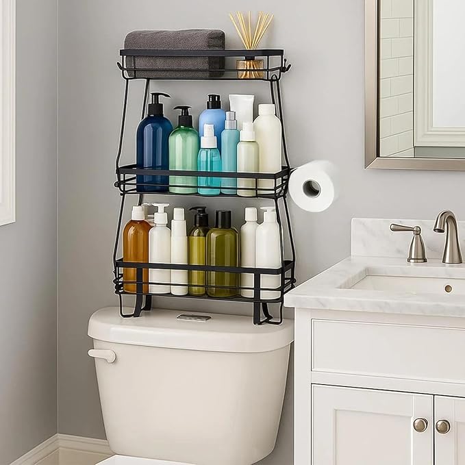 ShellKingdom Over The Toilet Storage Shelf, 3 Tier Toilet Paper Holder Rack | Punch-Free Bathroom Storage Rack with 2 Hooks, Small Space Organizers for Bathroom, Home, Black