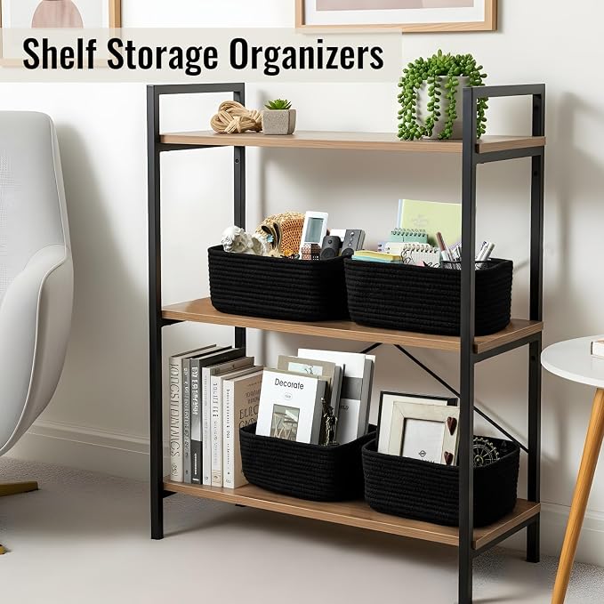 8 Pack Small Storage Baskets for Organizing, Woven Rope Bins for Bathroom, Closet, Shelf Organizer, Cute Cube Decorative Box for Towels, Baby Nursery, Toys, Gift Empty Baskets - 11.5"x7.5"x4.7"-Black