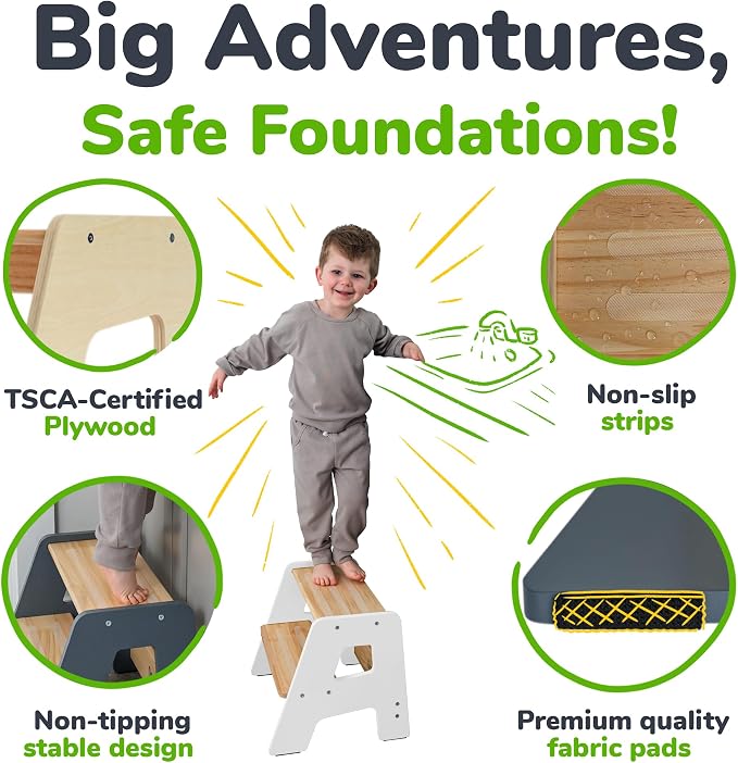 2-Step Wooden Toddler Step Stool for Bathroom Sink & Kitchen Use - White | Non-slip steps and padded feet for extra stability. Lightweight to carry, safely supports ages 2+ and adults up to 250 lbs.