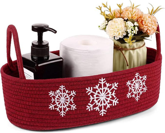 Vesici Snowflake Woven Storage Basket for Toilet, Christmas Bathroom Decor | Cotton Rope Woven, Snowflake Winter Burgundy Red Decor, Holds Toilet Paper, Bathroom Countertop or Tank Top, 13 X 6 X 4 Inch