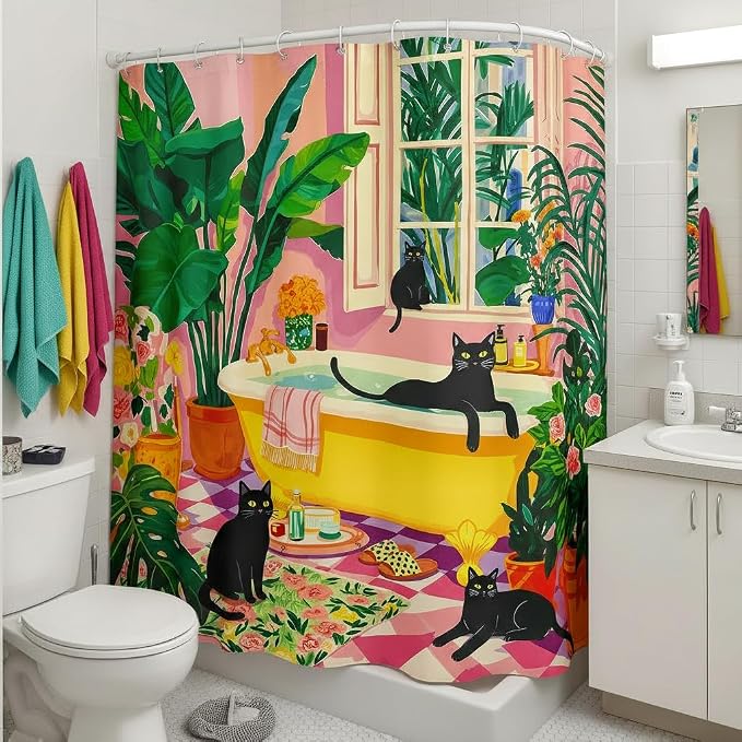 Accnicc Boho Cat Shower Curtain Cute Funny Black Cats Matisse Shower Curtains for Bathroom Green Tropical Plants Flowers Pink Yellow Decorative Waterproof Fabric Bath Curtain Decor 72 X 72 Inches