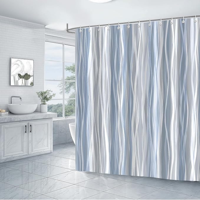 Moonslim Blue Grey Ombre Shower Curtain, Modern Wavy Abstract Striped Line Bathroom Curtain, Waterproof Fabric Bath Decor, 72 x 78 Inch