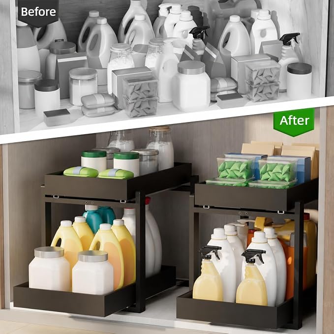 APRTAT 2 Pack Bamboo Under Sink Organizer, 2-Tier Pull Out Storage Drawers | Smooth pull-out drawers keep cleaners and tall bottles visible, organized and easy to reach in kitchen or bathroom cabinets