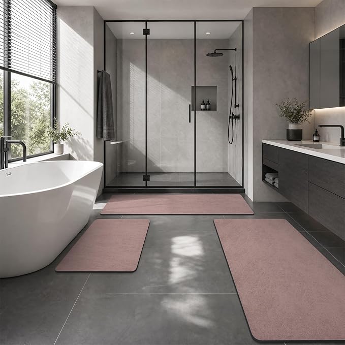 MontVoo -Bath Mat Rug-Rubber Backing Non Slip Quick Dry Absorbent Thin Bathroom Rugs Fit Under Door-Faux Suede Surface Bathroom Floor Mats-Shower Rug for in Front of Bathtub Shower Dusty Rose 16"x24"