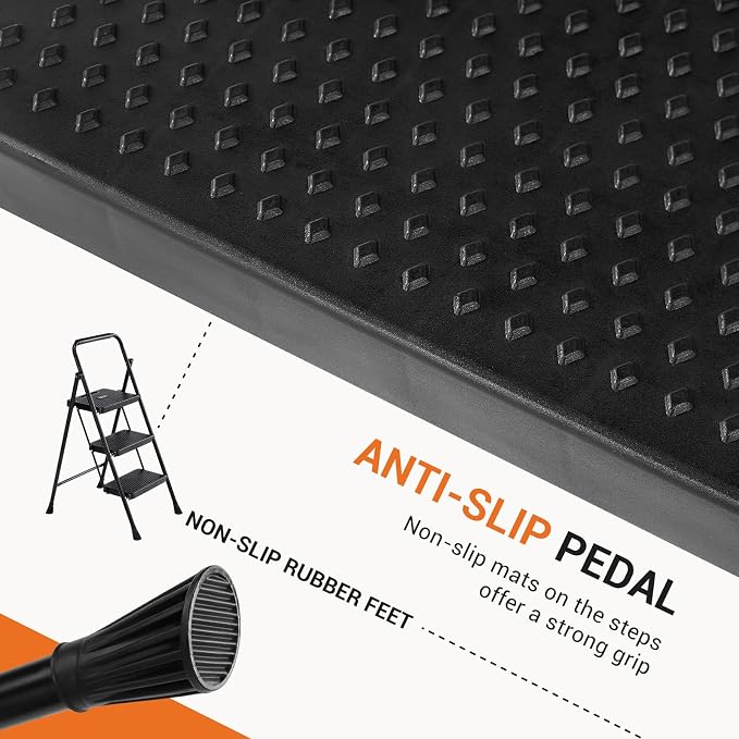 Sweetcrispy 3 Step Ladder, 800lbs Folding Sturdy Step Stool | Portable Stepping Stool with Wide Anti-Silp Pedal & Cushioned Handle, for Home Kitchen and Outdoor - Black