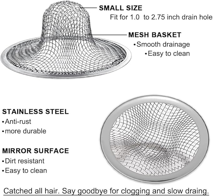 Seatery 2.75" Top / 1.0" Basket Bathtub Drain Strainers, Bathroom Sink Strainers, Shower Drain Hair Catcher, Drain Strainer for Laundry, Mop Pool, Utility, Slop, RV Sink, Stainless Steel, Pack-6