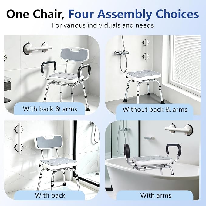 Swivel Shower Chair with Handle 500lbs Adjustable Arms & Back 360° Rotating | 360° Swivel, 5-Level Height Adjust, Non-Slip Feet, Tool-Free Assembly With Extra Suction Bath Grab Bar