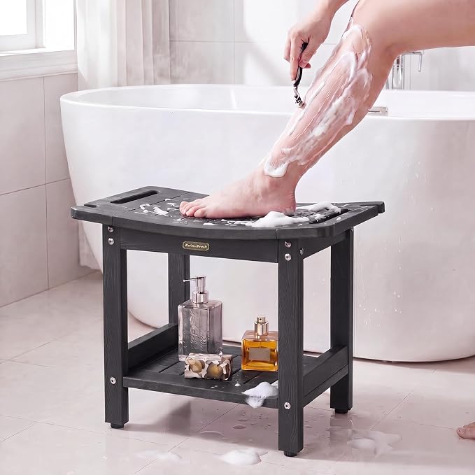 Shower Bench Seat for Inside Shower Waterproof Bath Stool for Shaving Legs | Heavy Duty HDPS Bathroom Bench with Storage Shelf & Adjustable Feet, Anti-Rotting, Save Space, No-Maintenance, Dark Gray
