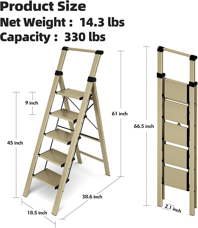 HillhutApex Aluminum 5 Step Ladder, Step Stool Foldable Ladder(Gold) | Stepladder with Handgrip,Anti-Slip Pedals,330lbs Capacity,Lightweight Folding Ladder for Home,Office,Libaray