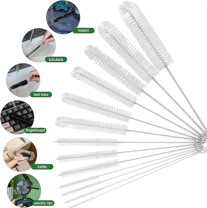 CiaraQ Bottle Cleaning Brushes, 8 Inch Nylon Tube Brush Set | White Cleaner for Narrow Neck Bottles Cups with Hook, Set of 13pcs, White